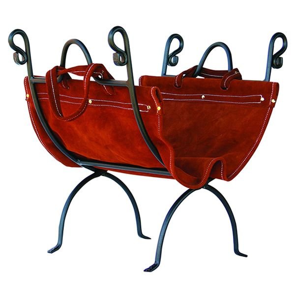 Olde World Iron Indoor Firewood Rack with Leather Carrier